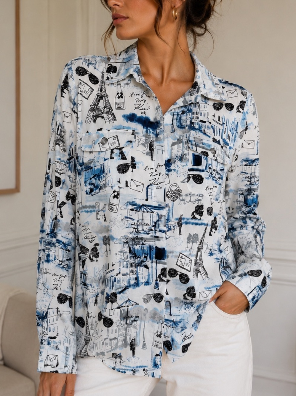 Karl Lagerfeld Paris Eiffel Tower Graphic Button-Up Blouse M Euro Summer